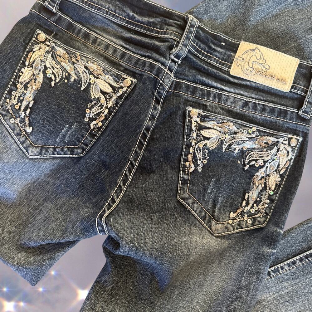 Y2K Grace in LA Low Rise Flare Jeans Embroidered Sequin Western Grunge 27 - Picture 2 of 6